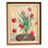 A M NICHOLSON, still life - Tulips in a Glass Vase - oil on canvas, signed lower left, framed, 44cms