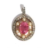 An Edwardian style tourmaline pearl & diamond pendant, the central oval tourmaline approximately 2ct