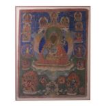 A large Tibetan Thangka painting, depicting a central seated Buddha surrounded by figures and