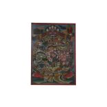 A Tibetan Thangka mandala depicting figures & animals 44cms by 64cms (17.5ins by 25ins).