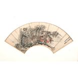 A 19th century Chinese fan painting depicting a mountainous landscape, with calligraphy 48cms by