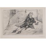 CARL BERNHARD SCHLOESSER (1892 - 1914) signed etching - Dutch Boy Smoking a Pipe in a Barn -