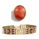 A gilt metal and enamel bracelet, together with an agate brooch (a/f).