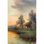 H Tate (?) - Country Cottage Scene At Dusk - indistinct signature lower left, oil on canvas, framed,