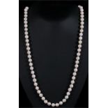 A cultured pearl necklace, with yellow metal, coral and gem set clasp, 66cms (26ins) long.