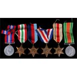 A group of six WWII medals to an unknown recipient including the Africa Star, the Italy Star, and