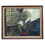 G JOHNSON - Steam Train at Keighley Station - oil on board, signed lower left, framed, 58.5cms by