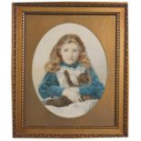 Victorian School, - Portrait of a Young Girl and Cat - an oval, watercolour, initialled E.L.',