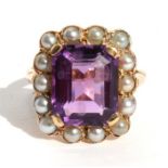 A 9ct gold amethyst & pearl cluster ring, the large rectangular amethyst set within a surround of