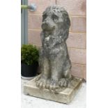 A large well weathered stoneware lion standing on a square plinth, 109cm, (43ins) high.