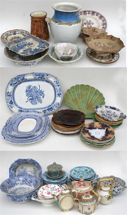 A large quantity of Victorian and other ceramics including meat plates, teapots and vases (four