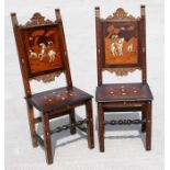 A pair of Italian walnut hall chairs, the back panels inlaid with hunting scenes, the seats with