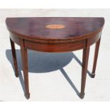 A 19th century mahogany 'D' end tea table with central shell inlay motif, on square tapering legs