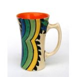 A Clarice Cliff Art Deco Bizarre 'Shark's Teeth' pattern mug, 12cm (4.75ins) high. Condition