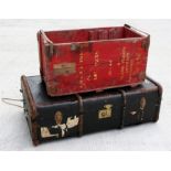 A red painted pine military box together with a travel trunk (2)