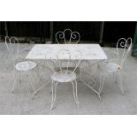 A white painted metal rectangular garden table and four matching chairs, together with a white