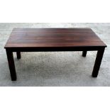 A modern figured hardwood dining table on square legs, 180 by 90cms (71 by 35.5ins).