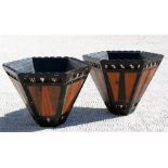 A pair of porcupine quill and inlaid wooden planters of tapering hexagonal form 36cm 14(ins) wide