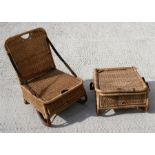 Two early 20th century folding wicker canoe or fisherman's seats with leather straps and storage