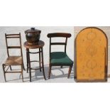 A bentwood stool, two bedroom chairs, a stoneware bread bin and a bagatelle board.