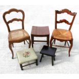 A mahogany stool, a rush seated stool, a pine stool and a bedroom chair (4).