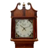 A 19th century oak and mahogany longcase clock, the painted arched dial with Arabic numerals and