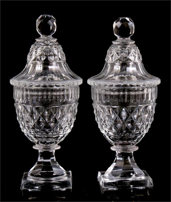 A pair of 19th century Irish cut glass bonbon dishes and covers, 17cm (6.75Ins) high. Condition