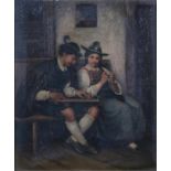 19th century European School, an Austrian couple sat on a bench playing a zither, oil on canvas,