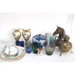 A pair of continental hand painted vases; a blue & white stilton dish; a brass oil lamp; and a