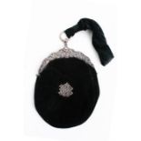 A continental silver mounted black velvet evening bag, together with a silver mounted walking