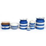 A TG Green blue banded Cornishware salt box, a matching flower shaker, two containers and a small