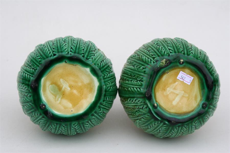 A pair of 19th century majolica pineapple vases, 21cms (8.25ins) high. Condition Report Crazing to - Image 2 of 2