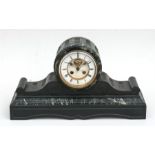 A Victorian black slate and figured green marble mantel clock, the enamel dial with Roman numerals