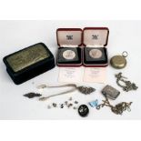 A silver Vesta case, a pair of silver sugar tongs, a silver and enamel butterfly brooch, a pocket