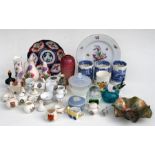A quantity of Crested ware, a Carnival Glass bowl, three Copeland Spode vases and other items (box).