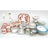 A Spode pattern number 5267 part tea set, a dolls tea set, a pair of continental porcelain figures