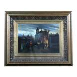 Russian School - Figures Leaving Church at Dusk - oil on canvas, framed and glazed, 34 by 24cm (13.5