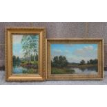 Russian School, two modern oil on board paintings of landscapes, indistinct signature, 40 by 26cm (