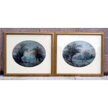 A pair of Victorian School oval landscapes depicting figures and deer, oil, framed and glazed, 40 by