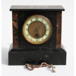 A Victorian black slate and marble mantel clock with enamel dial and Arabic numerals, 21cm (8.25ins)