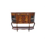 A late 19th century inlaid rosewood side cabinet, the central frieze drawer above a cupboard flanked