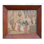 A 19th century woolwork picture of an old woman with her children in the parlour, framed and glazed,
