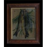 A Victorian relief moulded oiligraph depicting three brown trout, framed and glazed, 22 by 30cm (8.5
