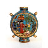 A Chinese cloisonne snuff bottle, decorated with figures on a turquoise ground and having a two
