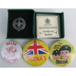 A boxed silver Scout Association 'With Thanks' badge, made by TKS; and three other Scout badges.