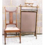 A Victorian bamboo fire screen, together with an Art Nouveau mahogany inlaid salon chair (2).