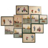 A group of twelve 19th century Chinese watercolour paintings depicting figural scenes and boats,