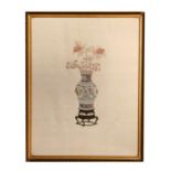 A Chinese silk embroidered picture of a vase on stand with flowers, framed and glazed, 31 by 40cm (