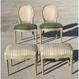 Two French green painted salon chairs, together with two matching stools (4).
