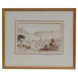 In the manner of A Monro (1802-1844) - Valley Village View with Figures in Foreground - watercolour,